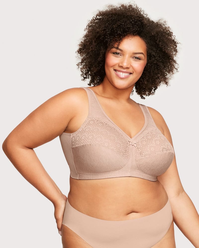 Front of a model wearing a size 38D MagicLift Moisture Control Bra in Cafe Heather by Glamorise. | dia_product_style_image_id:262846